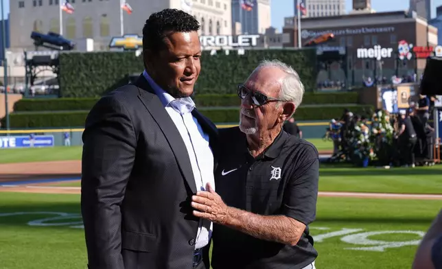 Former Detroit Tigers Hall of Fame manager Jim Leyland, right, talks with Miguel Cabrera after being honored with his number 10 being retired before a baseball game between the Detroit Tigers and Kansas City Royals, Saturday, Aug. 3, 2024, in Detroit. (AP Photo/Paul Sancya)