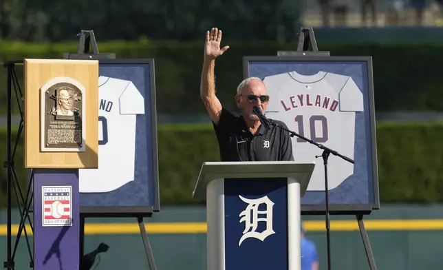 Former Detroit Tigers Hall of Fame manager Jim Leyland is honored with his number 10 being retired before a baseball game between the Detroit Tigers and Kansas City Royals, Saturday, Aug. 3, 2024, in Detroit. (AP Photo/Paul Sancya)