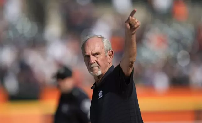 Former Detroit Tigers Hall of Fame manager Jim Leyland is honored with his number 10 being retired before a baseball game between the Detroit Tigers and Kansas City Royals, Saturday, Aug. 3, 2024, in Detroit. (AP Photo/Paul Sancya)