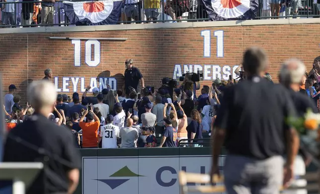 Former Detroit Tigers Hall of Fame manager Jim Leyland is honored with his number 10 being retired before a baseball game between the Detroit Tigers and Kansas City Royals, Saturday, Aug. 3, 2024, in Detroit. (AP Photo/Paul Sancya)