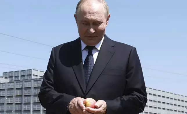 Russian President Vladimir Putin examines an apple at Agro-07 agricultural enterprise in the Republic of Kabardino-Balkaria, Russia, Tuesday, Aug. 20, 2024. (Vyacheslav Prokofyev, Sputnik, Kremlin Pool Photo via AP)