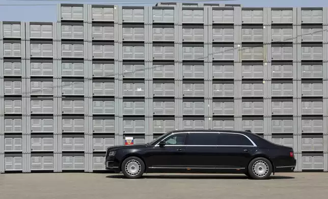 An Aurus Senat Limousine carrying Russian President Vladimir Putin arrives at Agro-07 agricultural enterprise in the Republic of Kabardino-Balkaria, Russia, Tuesday, Aug. 20, 2024. (Gavriil Grigorov, Sputnik, Kremlin Pool Photo via AP)