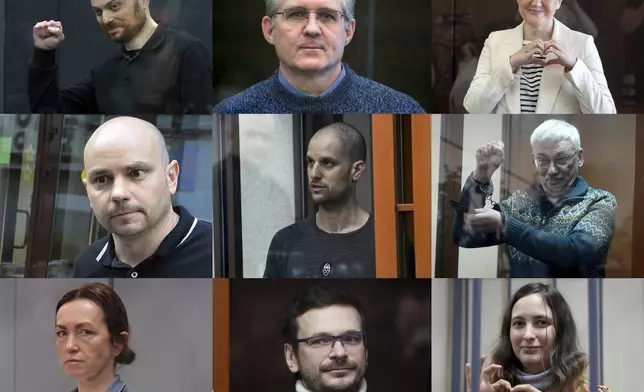 This photo combination shows, in the centre, Wall Street Journal reporter Evan Gershkovich, and clockwise from top left are Russian opposition activist Vladimir Kara-Murza, corporate security executive and former U.S. Marine Paul Whelan, Lilia Chanysheva, former coordinator of regional offices of the late opposition figure Alexei Navalny, co-chair of the Nobel Peace Prize winning Memorial Human Rights Centre Oleg Orlov, artist and musician Sasha Skochilenko, Russian opposition activist and former municipal deputy of the Krasnoselsky district Ilya Yashin, government-funded Radio Free Europe/Radio Liberty's Tatar-Bashkir service Alsu Kurmasheva and former head of Open Russia movement Andrei Pivovarov. (AP Photo)