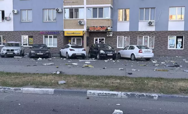 This photo released by the governor of the Saratov region, Roman Busargin, in his official Telegram channel on Monday, Aug. 26, 2024, shows a damaged building after a drone attack on the city of Engels, Saratov region, Russia. (Saratov region governor Roman Busargin official Telegram channel via AP)