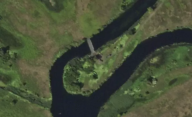 This satellite photo from Planet Labs PBC shows a pontoon bridge across the Seim River between the town of Glushkovo and the village of Zvannoe in Russia's Kursk region on Aug. 17, 2024. (Planet Labs PBC via AP)