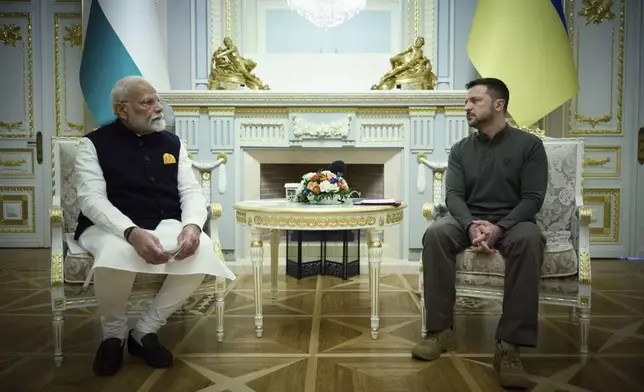 In this photo provided by the Ukrainian Presidential Press Office, Indian Prime Minister Narendra Modi, left, meets with Ukrainian President Volodymyr Zelenskyy in Kyiv, Ukraine, Friday, Aug. 23, 2024. (Ukrainian Presidential Press Office via AP)