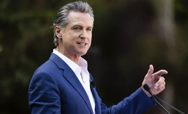 FILE - California Gov. Gavin Newsom speaks at the opening ceremony for Panda Ridge, the new exhibit at the San Diego Zoo, Aug. 8, 2024, in San Diego. (AP Photo/Derrick Tuskan, File)