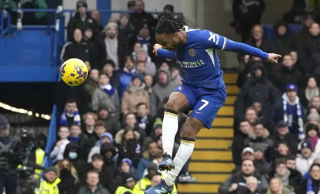 FILE - Chelsea's Raheem Sterling makes an attempt to score during the English Premier League soccer match between Chelsea and Fulham at Stamford Bridge stadium in London, Saturday, Jan. 13, 2024. (AP Photo/Frank Augstein, File)