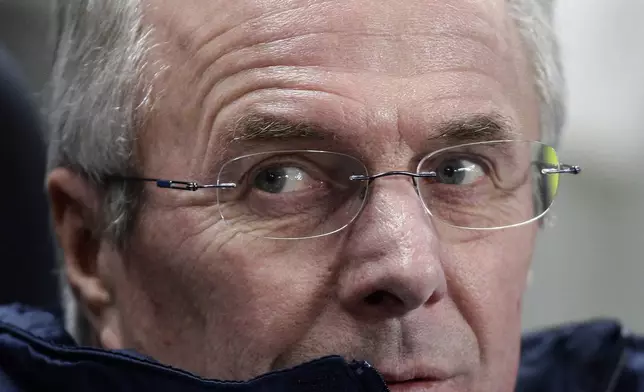 FILE - Leicester's manager Sven-Goran Eriksson looks on before his team's English FA Cup third round replay soccer match against Manchester City in Manchester, England, Tuesday Jan. 18, 2011 file photo. Eriksson the Swedish soccer manager who spent five years as England’s first ever foreign-born coach, has died. He was 76, it was announced on Monday, Aug. 26, 2024. (AP Photo/Jon Super, File)