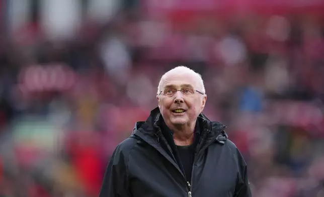 FILE - Former England manager Sven-Goran Eriksson loos around before the start of an exhibition soccer match between Liverpool Legends and Ajax Legends at Anfield Stadium, Liverpool, England, Saturday March 23, 2024. Eriksson the Swedish soccer manager who spent five years as England’s first ever foreign-born coach, has died. He was 76, it was announced on Monday, Aug. 26, 2024. (AP Photo/Jon Super, File)