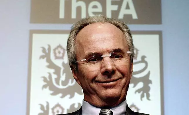 FILE - England soccer manager Sven-Goran Eriksson smiles during a press conference at Football Association headquarters in London, Tuesday Jan. 24, 2006. Eriksson the Swedish soccer manager who spent five years as England’s first ever foreign-born coach, has died. He was 76, it was announced on Monday, Aug. 26, 2024. (Andrew Parsons, Pool via AP, File)