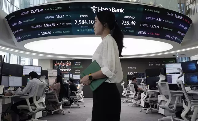 A currency trader passes by a screen showing the Korea Composite Stock Price Index (KOSPI), top center left, at the foreign exchange dealing room of the KEB Hana Bank headquarters in Seoul, South Korea, Monday, Aug. 5, 2024. (AP Photo/Ahn Young-joon)