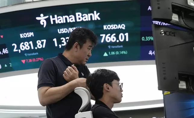 Currency traders watch monitors near a screen showing the Korea Composite Stock Price Index (KOSPI), top left, at the foreign exchange dealing room of the KEB Hana Bank headquarters in Seoul, South Korea, Wednesday, Aug. 28, 2024. (AP Photo/Ahn Young-joon)