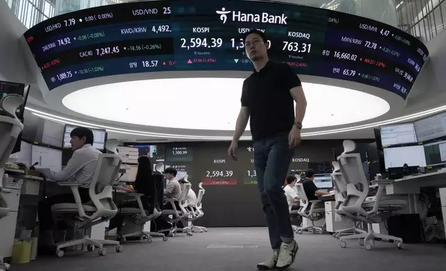 A currency trader passes by a screen showing the Korea Composite Stock Price Index (KOSPI), top center left, at the foreign exchange dealing room of the KEB Hana Bank headquarters in Seoul, South Korea, Friday, Aug. 9, 2024. (AP Photo/Ahn Young-joon)