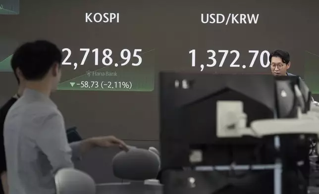 A currency trader watches monitors near the screen showing the Korea Composite Stock Price Index (KOSPI), left, and the foreign exchange rate between U.S. dollar and South Korean won at the foreign exchange dealing room of the KEB Hana Bank headquarters in Seoul, South Korea, Friday, Aug. 2, 2024. (AP Photo/Ahn Young-joon)