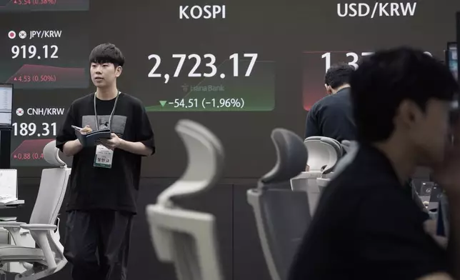 A currency trader passes by the screen showing the Korea Composite Stock Price Index (KOSPI) at the foreign exchange dealing room of the KEB Hana Bank headquarters in Seoul, South Korea, Friday, Aug. 2, 2024. (AP Photo/Ahn Young-joon)