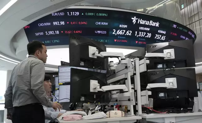 Currency traders watch monitors at the foreign exchange dealing room of the KEB Hana Bank headquarters in Seoul, South Korea, Thursday, Aug. 29, 2024. (AP Photo/Ahn Young-joon)