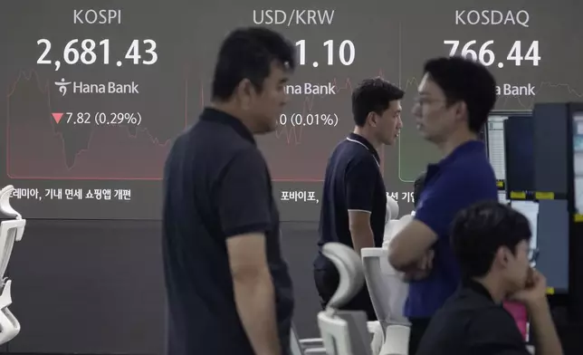 Currency traders work near a screen showing the Korea Composite Stock Price Index (KOSPI), top left, at the foreign exchange dealing room of the KEB Hana Bank headquarters in Seoul, South Korea, Wednesday, Aug. 28, 2024. (AP Photo/Ahn Young-joon)