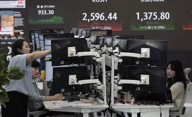 Currency traders watch monitors near a screen showing the Korea Composite Stock Price Index (KOSPI), top center, and the foreign exchange rate between U.S. dollar and South Korean won, top right, at the foreign exchange dealing room of the KEB Hana Bank headquarters in Seoul, South Korea, Friday, Aug. 9, 2024. (AP Photo/Ahn Young-joon)