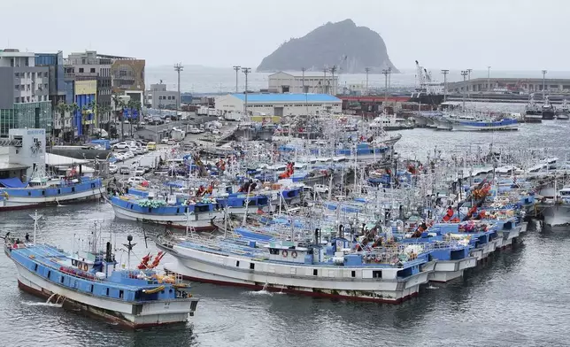 Fishing boats are anchored at a port as Typhoon Jongdari approaches Jeju Island, South Korea, Tuesday, Aug. 20, 2024. (Park Ji-ho/Yonhap via AP)