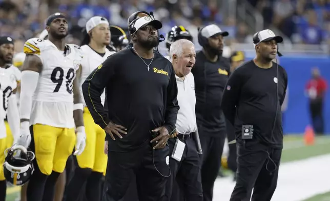 Pittsburgh Steelers head coach Mike Tomlin watches from the sideline during the first half of an NFL preseason football game against the Detroit Lions, Saturday, Aug. 24, 2024, in Detroit. (AP Photo/Duane Burleson)