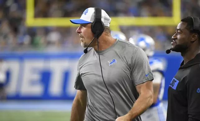 Detroit Lions head coach Dan Campbell on the sideline during the first half of an NFL preseason football game against the Pittsburgh Steelers, Saturday, Aug. 24, 2024, in Detroit. (AP Photo/Jose Juarez)