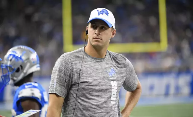 Detroit Lions quarterback Jared Goff walks the sideline during the first half of an NFL preseason football game against the Pittsburgh Steelers, Saturday, Aug. 24, 2024, in Detroit. (AP Photo/Jose Juarez)