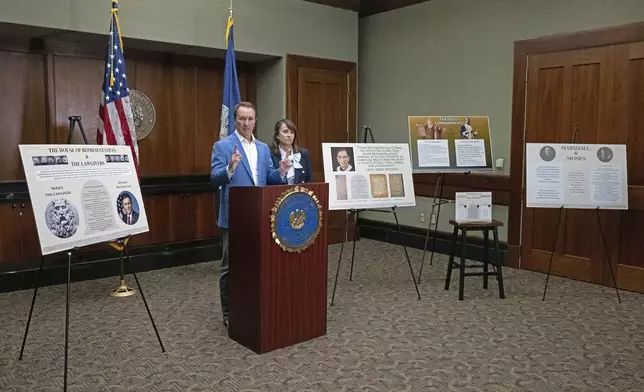 Louisiana Gov. Jeff Landry speaks alongside Louisiana Attorney General Liz Murrill during a press conference regarding the Ten Commandments in schools Monday, Aug. 5, 2024, in Baton Rouge, La. Murrill announced on Monday that she is filing a brief in federal court asking a judge to dismiss a lawsuit seeking to overturn the state’s new law requiring that the Ten Commandments be displayed in every public school classroom. (Hilary Scheinuk/The Advocate via AP)