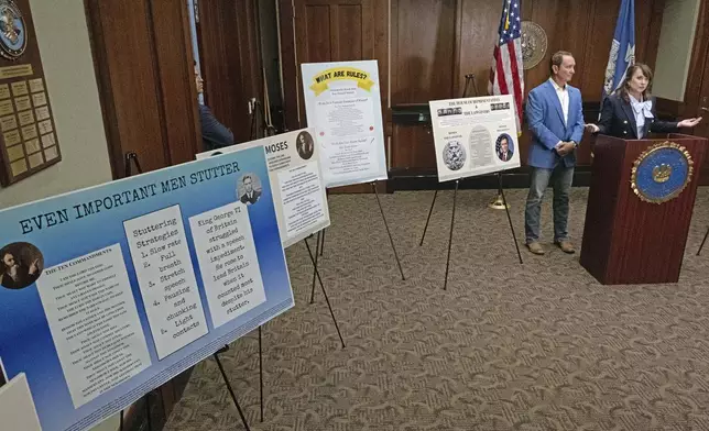 Louisiana Attorney General Liz Murrill, right, speaks alongside Louisiana Gov. Jeff Landry during a press conference regarding the Ten Commandments in schools Monday, Aug. 5, 2024, in Baton Rouge, La. Murrill announced on Monday that she is filing a brief in federal court asking a judge to dismiss a lawsuit seeking to overturn the state’s new law requiring that the Ten Commandments be displayed in every public school classroom. (Hilary Scheinuk/The Advocate via AP)