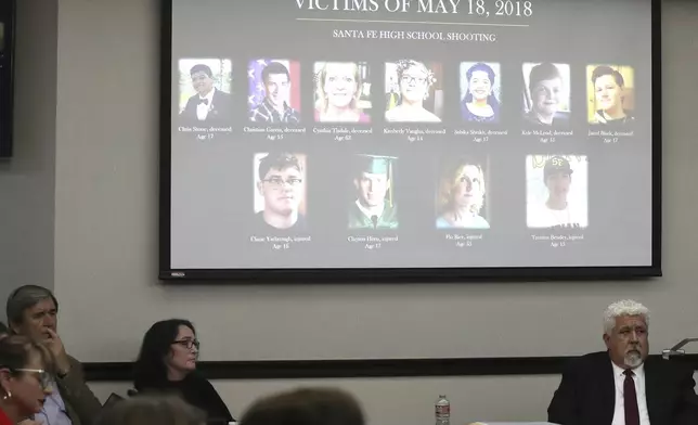 Photos of the victims of the Santa Fe High School shooting whose families filed a civil lawsuit against Antonios Pagourtzis and Rose Marie Kosmetatos, parents of Santa Fe High School shooter Dimitrios Pagourtzis, are shown during the opening statements of the civil trial in Galveston County Court No. 3 Judge Jack Ewing's courtroom at the Galveston County Courthouse in Galveston, Texas on Wednesday, July 31, 2024. (Jennifer Reynolds/The Galveston County Daily News via AP, Pool)