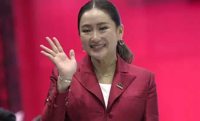 FILE - Leader of Pheu Thai Party, Paetongtarn Shinawatra, daughter of Thailand's former Prime Minister Thaksin Shinawatra, reacts after her speech at the party headquarters in Bangkok, Thailand, Friday, Oct. 27, 2023. (AP Photo/Sakchai Lalit, File)