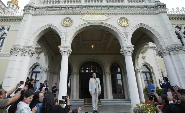 FILE- Thai Prime Minister Srettha Thavisin talks to reporters during a press conference at Government house in Bangkok, Thailand after a court removed Srettha from office over an ethical violation Wednesday, Aug. 14, 2024. (AP Photo/Sakchai Lalit, File)