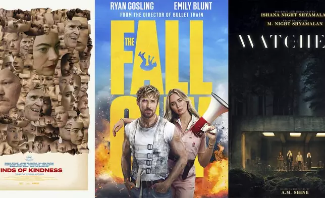 This combination of images shows promotional art for the films "Kinds of Kindness," left, "The Fall Guy," center, and "The Watchers." (Searchlight Pictures/Universal/Warner Bros Pictures via AP)