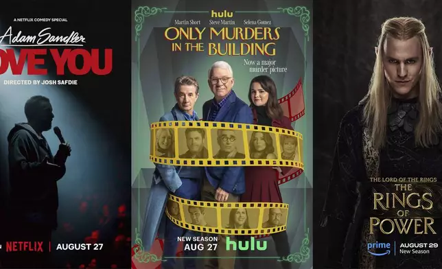 This combination of images shows promotional art for Adam Sandler's comedy special "Adam Sandler: Love You," left, the latest season of "Only Murders in the Building," center, and season two of "The Lord of the Rings: The Rings of Power." (Netflix/Hulu/Amazon Prime via AP)