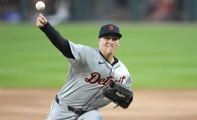 Detroit Tigers starting pitcher Ty Madden delivers in his Major League debut during the first inning of a baseball game against the Chicago White Sox on Monday, Aug. 26, 2024, in Chicago. (AP Photo/Charles Rex Arbogast)