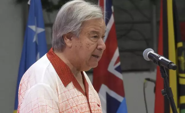 United Nations Secretary-General Antonio Guterres speaks at the opening of the annual Pacific Islands Forum leaders meeting in Nuku'alofa, Tonga, Monday, Aug. 26, 2024. (AP Photo/Charlotte Graham-McLay)