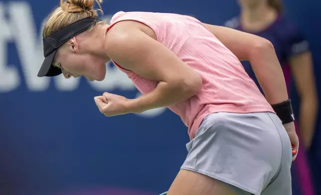 Ashlyn Krueger celebrates after a break point against Leylah Annie Fernandez, of Canada, at the National Bank Open tennis tournament in Toronto, Thursday Aug. 8, 2024. (Frank Gunn/The Canadian Press via AP)