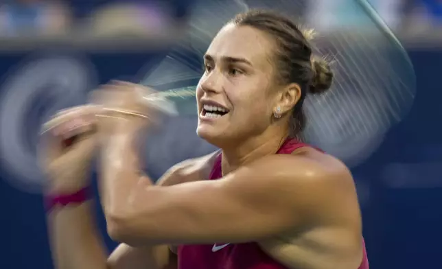 Aryna Sabalenka of Belarus returns the ball to Yue Yuan of China at the National Bank Open in Toronto on Thursday, August 8, 2024. (Frank Gunn/The Canadian Press via AP)