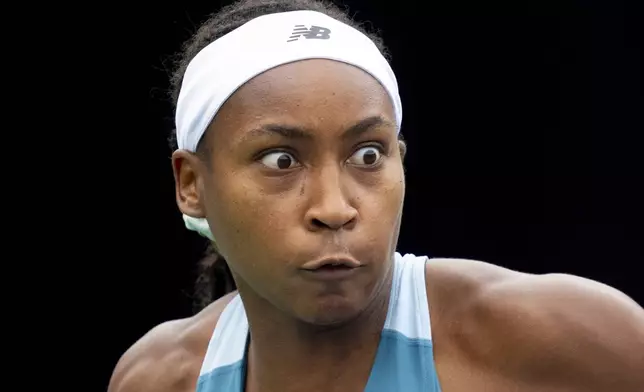 United States' Coco Gauff keeps her eyes on the ball during a match against China's Yafan Yang at the National Bank Open tennis tournament in Toronto , Thursday, Aug. 8, 2024. (Frank Gunn/The Canadian Press via AP)