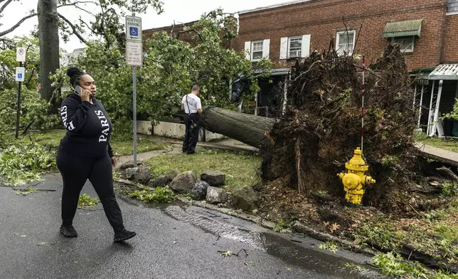 People are seen near an uprooted tree in Harrisburg, Pa., after extreme weather from Tropical storm Debby, Friday, Aug. 9, 2024. (Sean Simmers/The Patriot-News via AP)