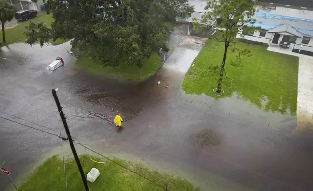 A pedestrian wades across a flooded street as a result of Tropical Storm Debby in the Shore Acres area of St. Petersburg, Fla., on Sunday, Aug. 4, 2024. (Max Chesnes/Tampa Bay Times via AP)