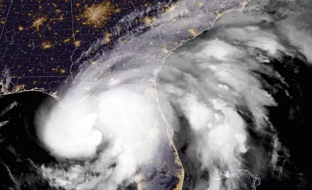 This National Oceanic and Atmospheric Administration satellite image taken at 11:11pm ET shows Hurricane Debby approaching Florida on Sunday, Aug. 4, 2024. (NOAA via AP)