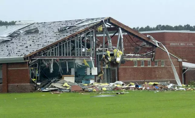 A middle school in Wilson County, North Carolina is seen on Thursday, Aug. 8, 2024, after being damaged by a tornado spawned by Tropical Storm Debby. (Christopher Long/The Wilson Times via AP)