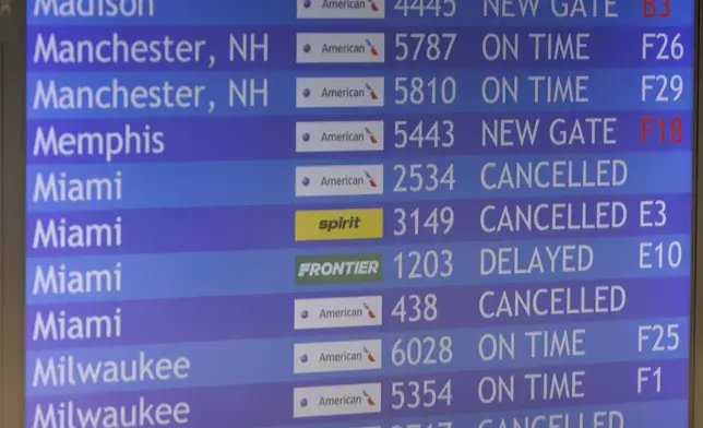 Flight departure information is displayed in Terminal B at the Philadelphia International Airport, Monday morning, Aug. 5, 2024, as passengers are deal with cancelled flights to the south due to Hurricane Debby. (Alejandro A. Alvarez/The Philadelphia Inquirer via AP)