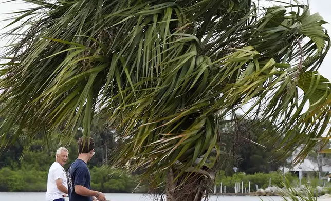 Palm trees blow in the breeze as a trio of fishermen take advantage of the favorable weather conditions along Suncoast Key in Ozello, Fla., before Tropical Storm Debby makes landfall on Sunday, Aug. 4, 2024. (AP Photo/Christopher O'Meara)