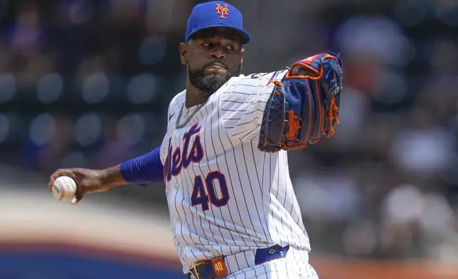 New York Mets pitcher Luis Severino throws during the first inning of a baseball game against the Minnesota Twins at Citi Field, Wednesday, July 31, 2024, in New York. (AP Photo/Seth Wenig)