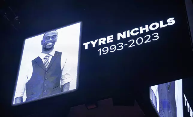 FILE - The screen at the Smoothie King Center in New Orleans honors Tyre Nichols before an NBA basketball game, Jan. 28, 2023. (AP Photo/Matthew Hinton, File)