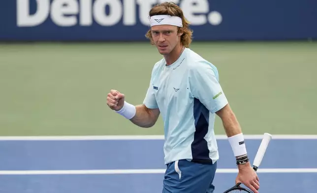 Andrey Rublev, of Russia, reacts after scoring a point against Jiri Lehecka, of the Czech Republic, during the third round of the U.S. Open tennis championships, Friday, Aug. 30, 2024, in New York. (AP Photo/Kirsty Wigglesworth)