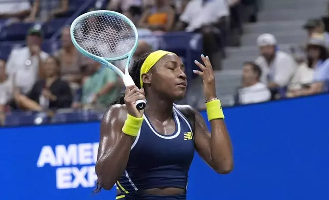 Coco Gauff, of the United States, reacts against Tatjana Maria, of Germany, during a second round match of the U.S. Open tennis championships, Wednesday, Aug. 28, 2024, in New York. (AP Photo/Frank Franklin II)