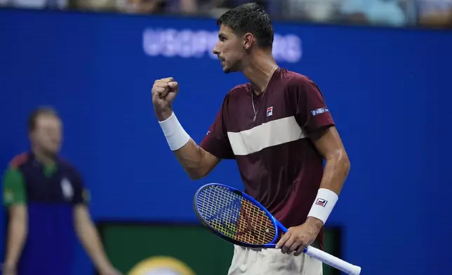 Alexei Popyrin, of Australia, reacts against Novak Djokovic, of Serbia, during a third round match of the U.S. Open tennis championships, Friday, Aug. 30, 2024, in New York. (AP Photo/Julia Nikhinson)